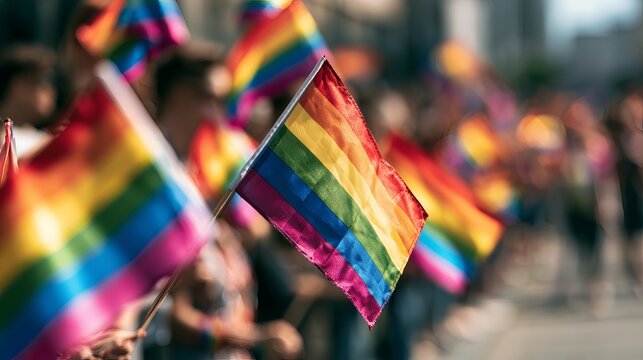Rainbow Flags Waving In Crowd For Pride Parade Celebrations And LGBTQ Rights