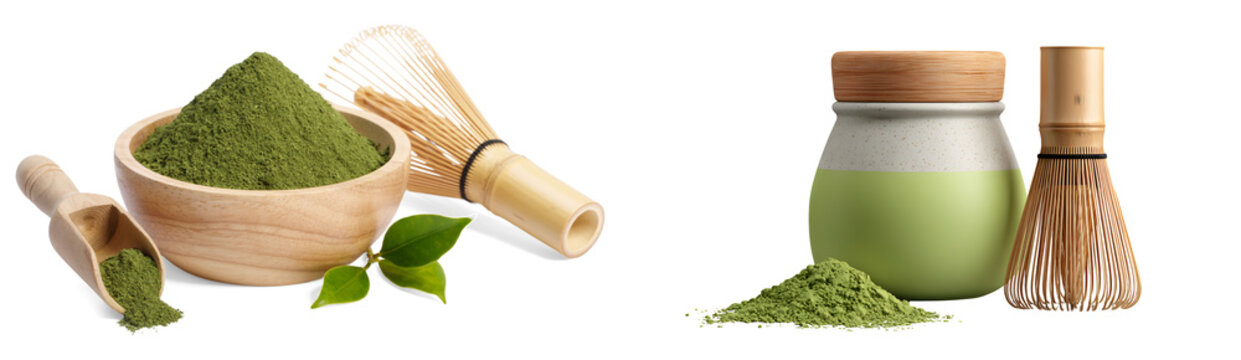 Elegant still life showcasing vibrant green matcha tea powder and traditional bamboo whisks.