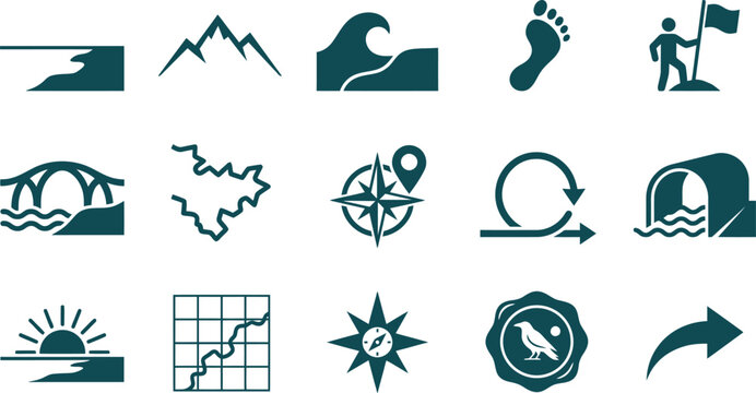 Minimal vector icon set Leif Erikson Day representing discovery new land landfall horizon line first sight mountain outline ocean wave path