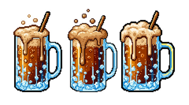 Three refreshing mugs of root beer with frothy foam and straws.