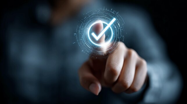 Professional interacting with futuristic digital interface displaying glowing checkmark for successful approval, verification, or completion in modern technology concept