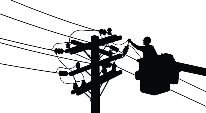 An electrician lineworker on a bucket truck repairing high voltage power lines on a utility pole cad drawing flat vector illustration pitch black solid silhouette