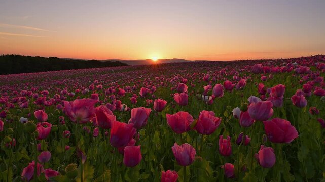 Schlafmohn (Papaver somniferum), bei  Sonnenaufgang, Sommer, Germerode, Geo Naturpark Frau-Holle-Land, Hoher Meissner, Hessen, Deutschland