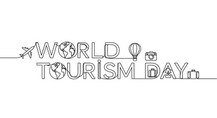 Continuous one line drawing of World Tourism Day typography lettering. © Jau