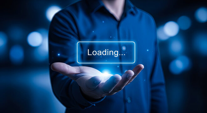 Businessman holding loading icon with glowing blue effect