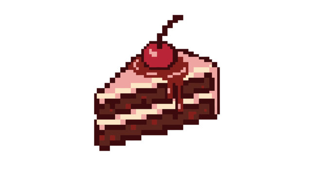 Pixel Art Slice of Chocolate Cake with Cherry.