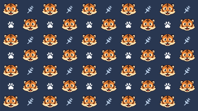 Cute cartoon tigers face pattern on dark blue background. Tiny paw prints and leaves add playful charm. Perfect for children's designs or fun branding. Bright, friendly tiger expressions bring joy