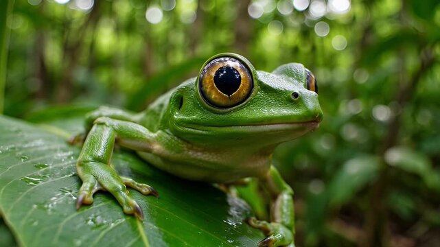 Close up of a green frog sitting on a leaf natural environment