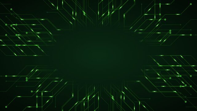Microchip circuit board technology data flow negative space green background loop.