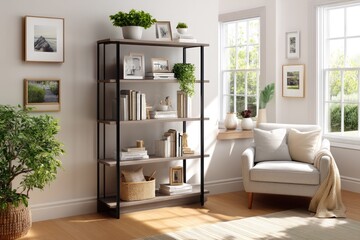 Fototapeta premium Industrial Tall Bookcase with Five Tiers and Nine Open Shelves Isolated on White Background