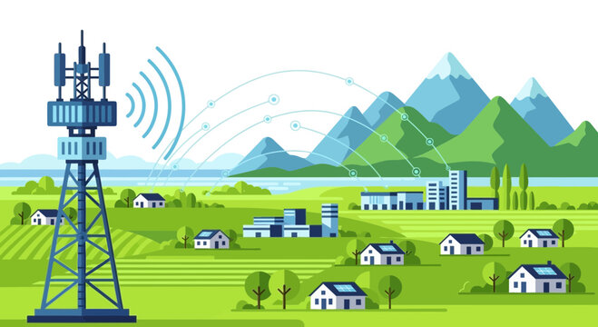 Telecommunication Tower with Wireless Signal over Smart Rural Village