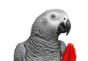 Obraz premium An engaging portrait captures the intelligent gaze of an African Grey Parrot, showcasing its distinctive grey plumage and vibrant red tail feather, perfect for conveying nature's beauty