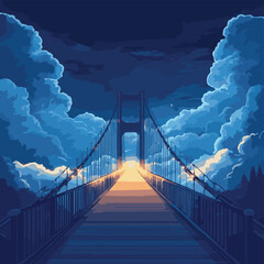 Fototapeta premium A serene night view of a scenic bridge illuminated under a starry sky with soft clouds surrounding it.