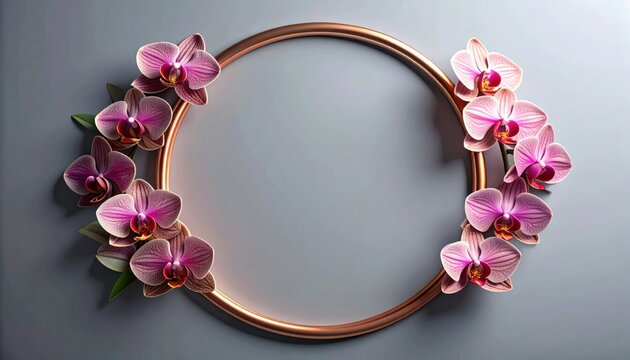 Orchids and copper ring frame on a gray background, elegant floral design