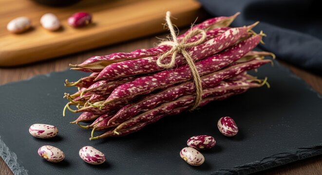 Bundle of fresh pinto beans in pods tied with twine on a dark slate board with loose beans