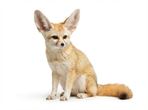 Adorable Fennec fox with disproportionately large ears, showcasing its unique desert adaptation for heat dissipation and acute hearing, perfectly captured in a clear, bright presentation ideal