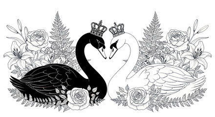 Fototapeta premium Elegant Black and White Swans with Crowns, Romantic Floral Border