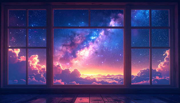 Sunset with clouds and stars seen through a window