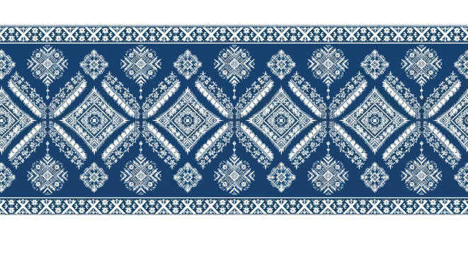 Ornate Indigo Blue and White Ethnic Pattern Border - Traditional Textile Motif