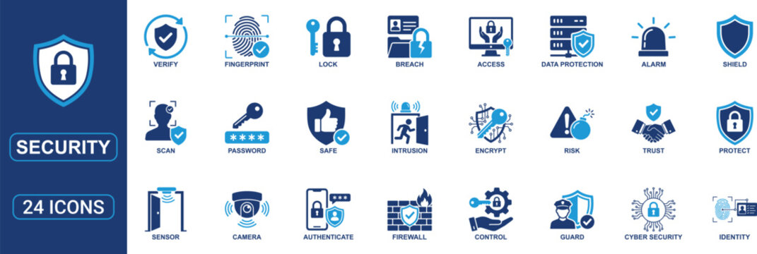Security Solid Dual Tone Icon Set Featuring Shield, Firewall, Password, Encryption, Cyber Security, Identity Protection, Alarm, Access Control and Authentication Symbols