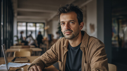 Obraz premium Man sits at desk, focused, thoughtful. Cafe environment, soft natural light. Casual attire, textured jacket. Expression calm, slightly introspective. Ideal for business, creative, or reflective themes