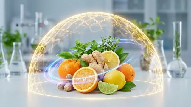 Citrus fruit, ginger root, herb leaf under glowing dome protecting natural nutrient, representing immune response, microscopic defense mechanism, cellular protection