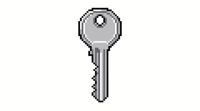 Pixelated Silver Key Icon on White Background.