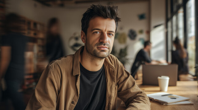 Man sits at cafe table, thoughtful, relaxed. Brown jacket, black tee, tousled hair. Soft light highlights his face, calm expression. Background blurred, showing others at tables