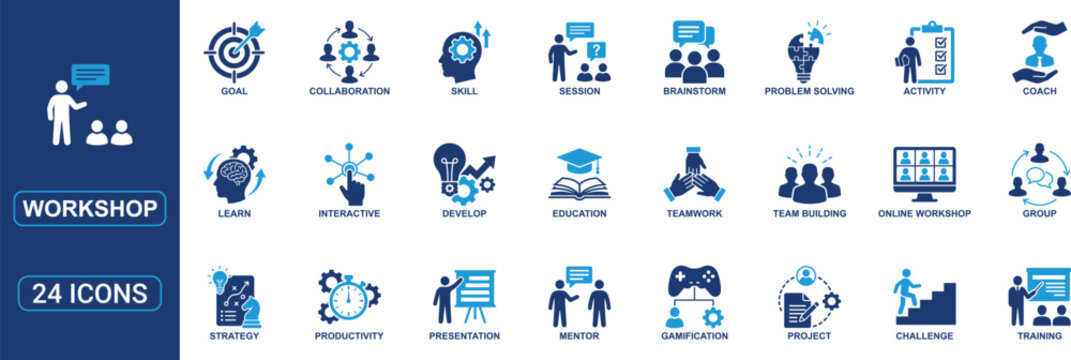 Workshop Solid Glyph Icon Set Featuring Training, Learning, Session, Skill Development, Team Building, Presentation, Mentorship, Collaboration and Education Symbols