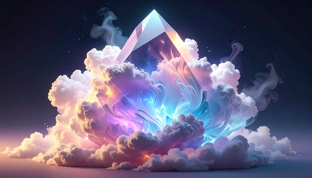 Fantasy crystal surrounded by clouds and vibrant colors in the night sky