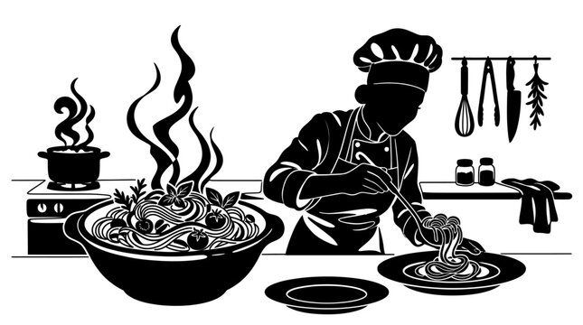 Black and white silhouette illustration of a professional chef plating hot pasta.