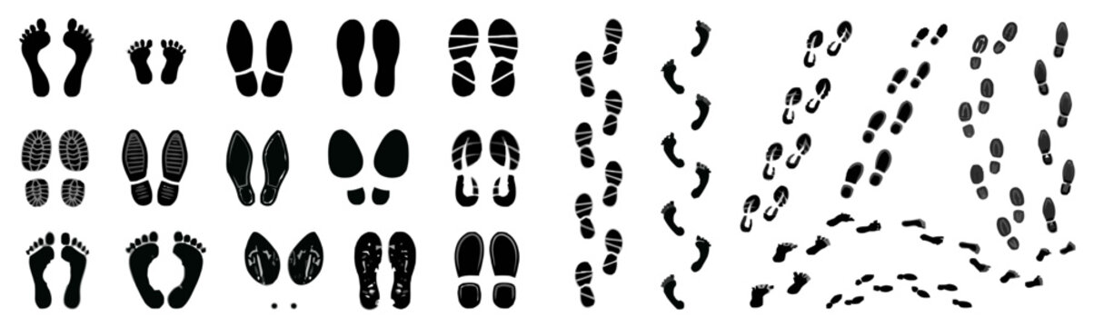 Set of Human Footprints and Shoe Prints Silhouettes for Design