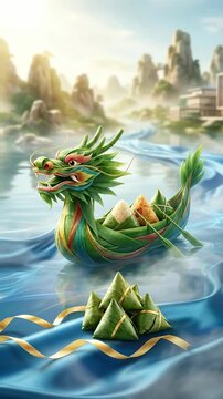 Decorative festive vessel, crafted from interwoven green leaves, floats across blue water, holding traditional pyramid dumplings, celebrating Dragon Boat Festival holiday.
