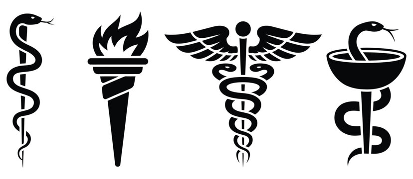 Modern caduceus healthcare icons featuring snake staff emblems for professional medical and clinical design.