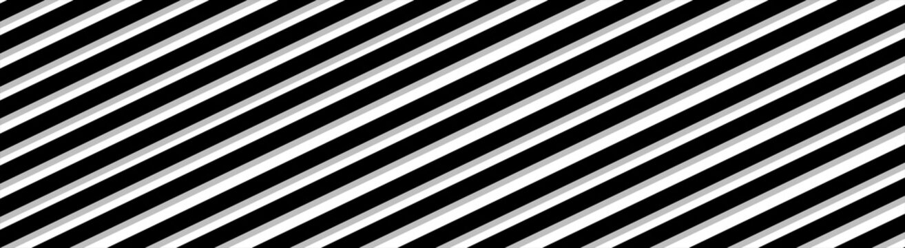 Abstract geometric diagonal stripes background with black, white, and grey parallel lines. Modern seamless texture element for horizontal banner decoration.