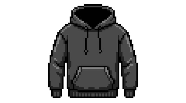 Pixel Art Gray Hoodie with Pocket and Drawstrings.