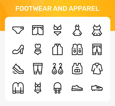 Footwear and Apparel icon set. Editable line icons. Professional and modern outline icon collection vector illustration displaying summer beach sandals and open toe footwear graphics