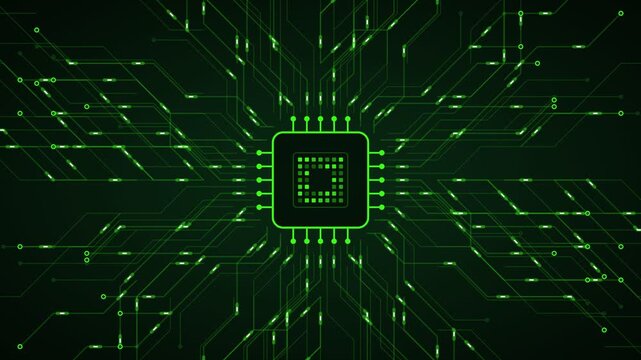Microchip circuit board technology data flow negative space green background loop.