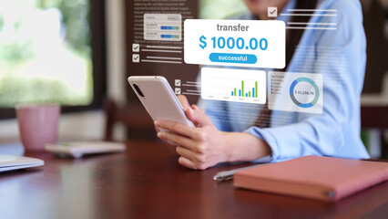 successful online money transfer using mobile banking app smartphone digital payment transaction...
