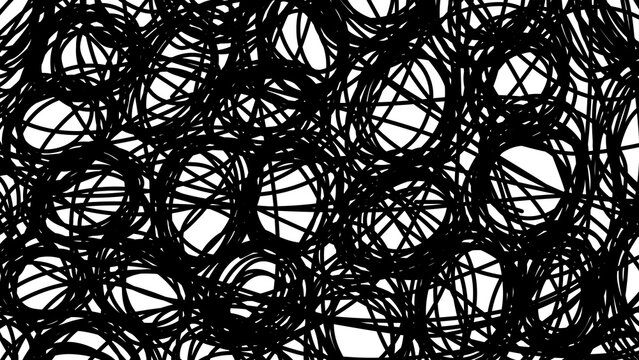 Abstract chaotic pattern of tangled messy black line scribbles on white background. Mental health anxiety concept illustration.
