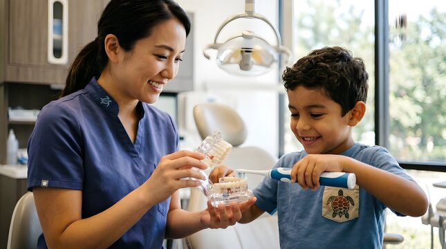 Friendly pediatric dentist teaching young boy proper tooth brushing habits in modern dental clinic