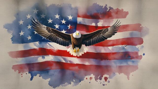 Majestic Eagle Spreading Wings and Soaring over Star Striped Flag Illustration