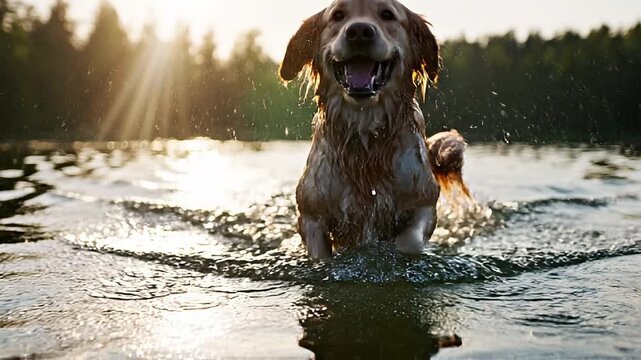 Golden Retriever Splashing and Playing in Lake at Sunset