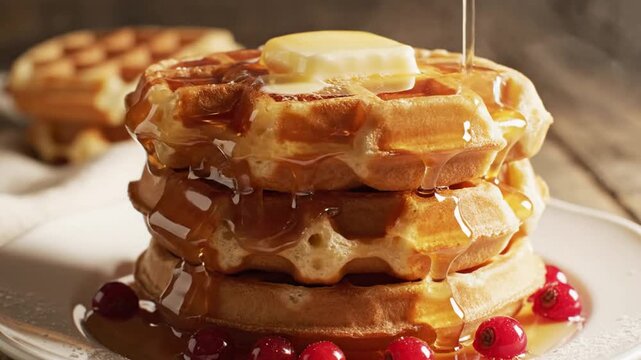 A high stack of golden brown Belgian waffles on a ceramic plate, topped with a melting square of butter and generously drizzled with thick amber maple syrup in a bright kitchen.