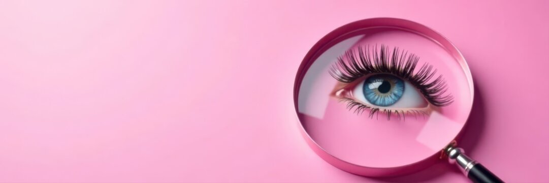 Pink backdrop, false eyelashes, magnifying glass flatlay , luxury, texture