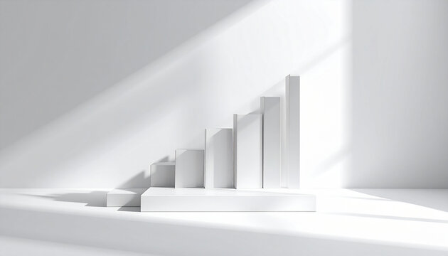 Modern white 3D cityscape with rising bars graph