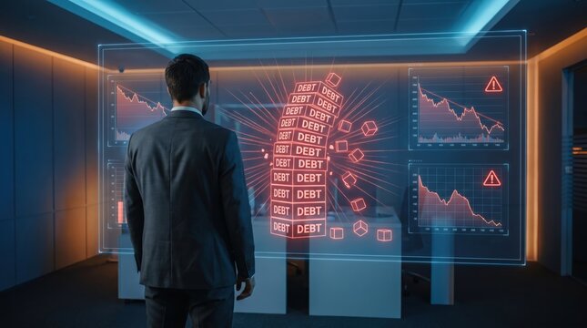 Futuristic Financial Crisis and Risk Management Concept: Professional in Suit Watching Holographic 'DEBT' Tower Collapsing with Catastrophic Failure Data