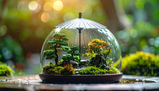 Miniature Bonsai Trees in Glass Terrarium with Moss and Umbrella