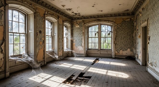 Empty square room with old abandoned forgotten historical mansion
