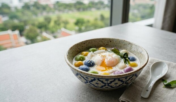 Traditional Thai dessert Bua Loy, colorful rice flour balls with sweet boiled egg and young coconut in coconut milk soup, served near a window.